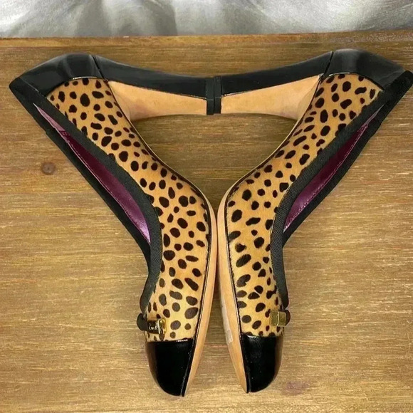 Coach Poppy Women’s 7B Patent Black Leather Animal Print Fur Heels - Picture 5 of 9